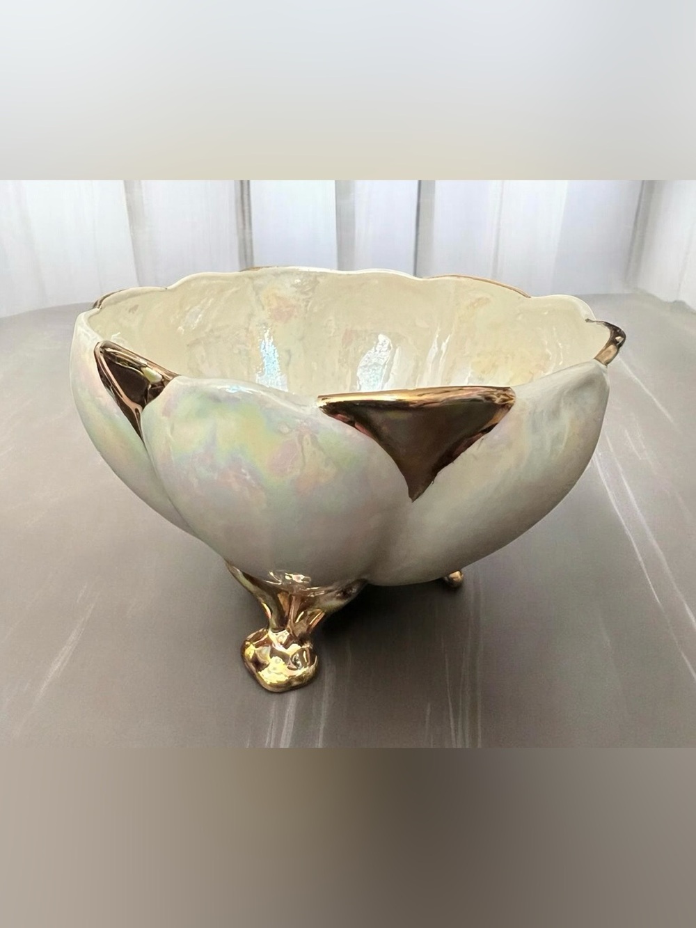 Vintage Elegant Iridescent Ceramic Bowl with Gold Accents
